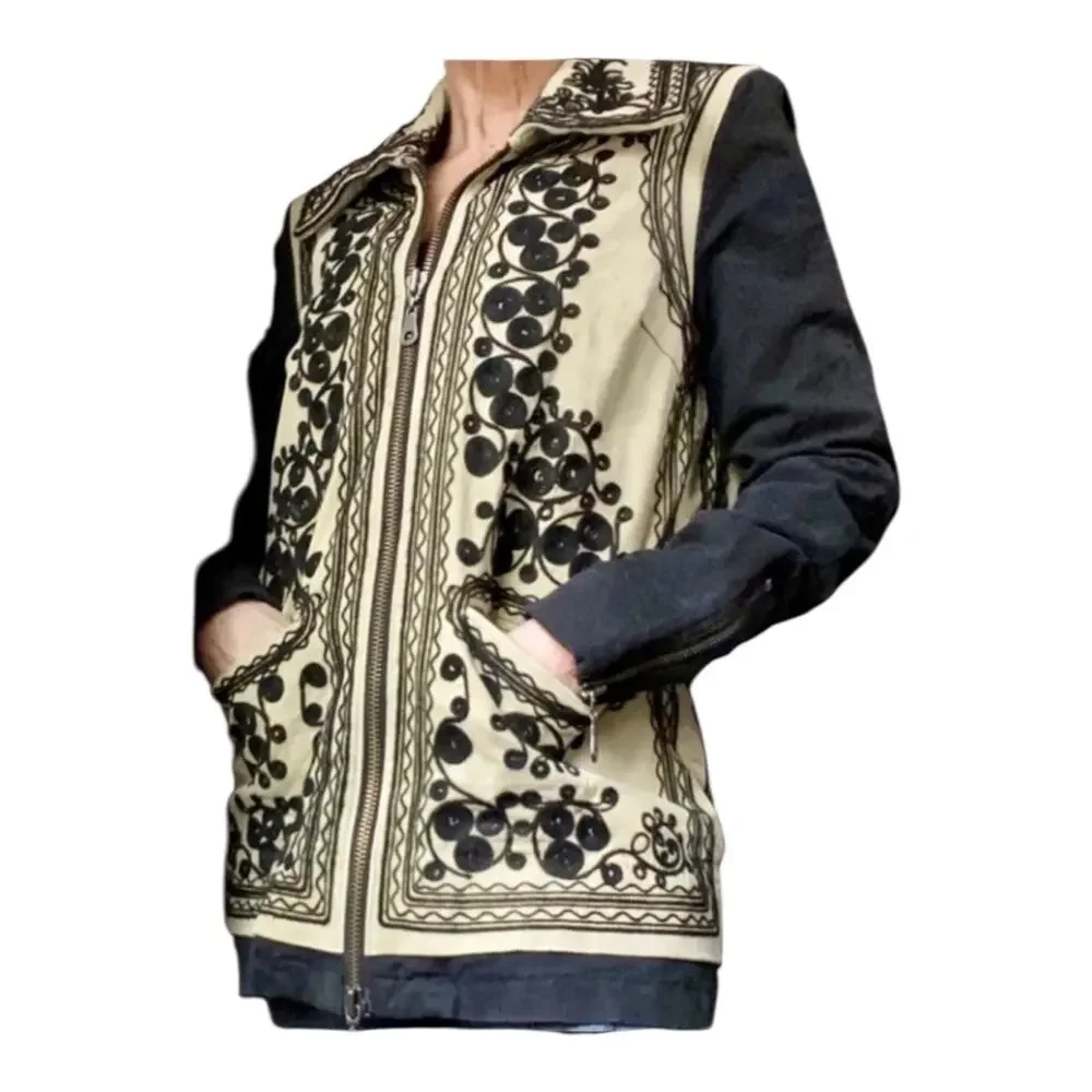 Free People Stitched Quills Embroidered Cream Black Jacket Boho Small Western